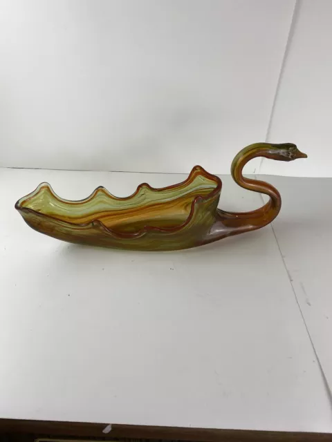 Mid Century Modern Hand Blown Glass Murano Style Swan Bowl Beautiful Amber