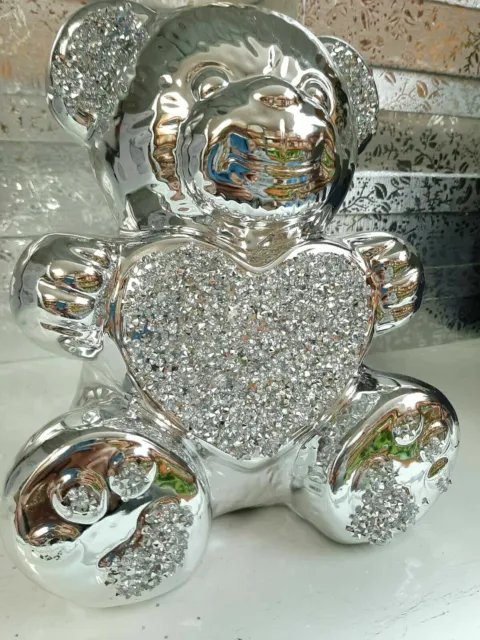 Silver Ceramic Crystal Crushed Teddy Bear Sparkling Bling Home Decor Ornament