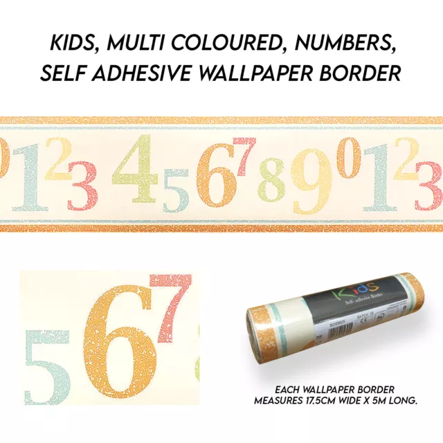 Kids, Multi coloured, Numbers, Self Adhesive Wallpaper Border - 25