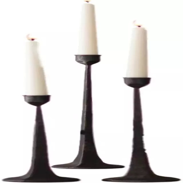 Tall Cast Iron Set Three Black Candlesticks Taper Candle Holder Elegant Slim