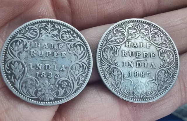 Queen Victoria Half Rupee Coins 1885, 1893 Sterling Silver British India