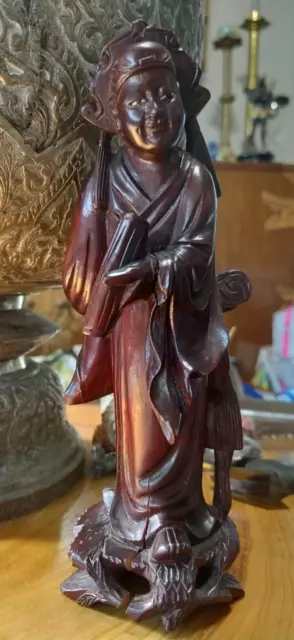 Vintage hand carved wood Chinese wise man holding scroll figurine