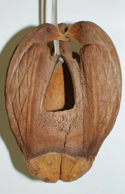 Coconut Bird House Hand Carved 3 Birds Hanging 8" Tall