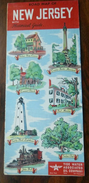 1952 New Jersey road map Tydol  Flying A oil gas pictorial Sandy Head Lighthouse