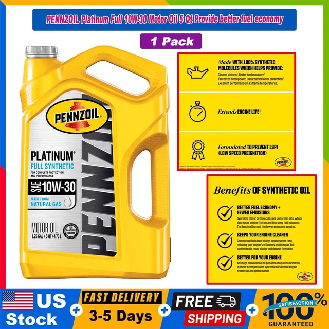 🔥🔥 PENNZOIL Platinum Full 10W-30 Motor Oil 5 Qt Provide better fuel economy 🛢