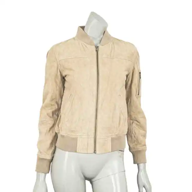 True Religion Suede Leather Flight Bomber Jacket Light Beige Women's Sz XS