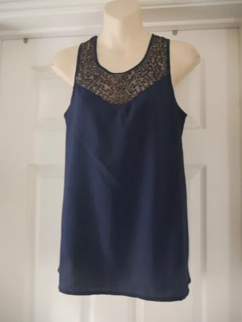 Camicia blu da donna blu con perline blu taglia M UK 12 14 festa senza maniche classica