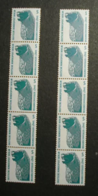 Bund 1990:Zwei 5-er- Streifen ROLLENMARKEN "Sehenswürdigkeiten" m. ROLLENNUMMERN