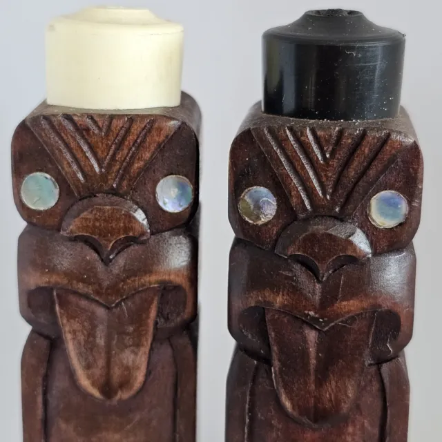 Vintage Maori New Zealand Wood Carved Tiki Salt Pepper Shakers Paua Shell Cruets 2