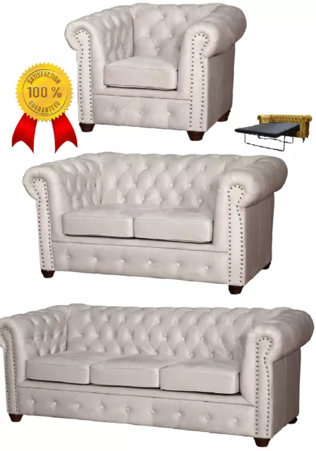 % Chesterfield SET Weiss 3 2 Sitzer Sofa Sessel Hocker Schlafsofa Stoff Premium