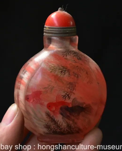 3.2" Old Chinese Crystal Painting Dynasty Fish Snuff box Snuff Bottle