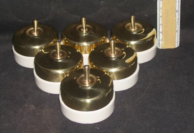 Vintage Plain Brass & Porcelain Electric Switch Button Home Decor 1 Way Set Of 6