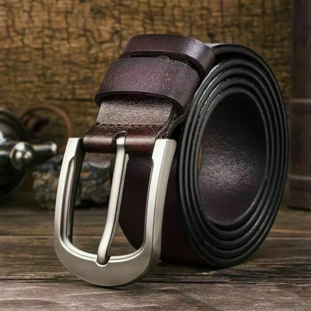 100% Mens Genuine Leather Real Belt Belts Silver Buckle Trouser Brown Black USA 2