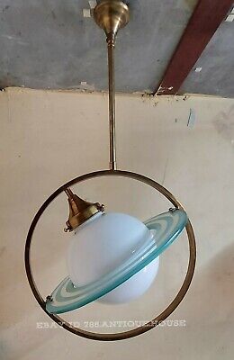 Antique Vintage Saturn Art Deco Fixture Ceiling Brass Hanging Light Milk Lamp