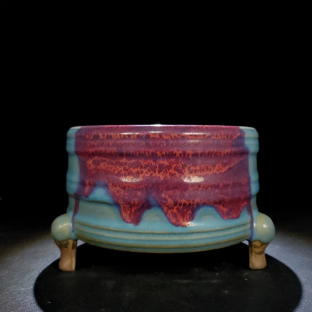 6.7"Antique Song dynasty Porcelain jun kiln Blue fambe Three foot Incense Burner