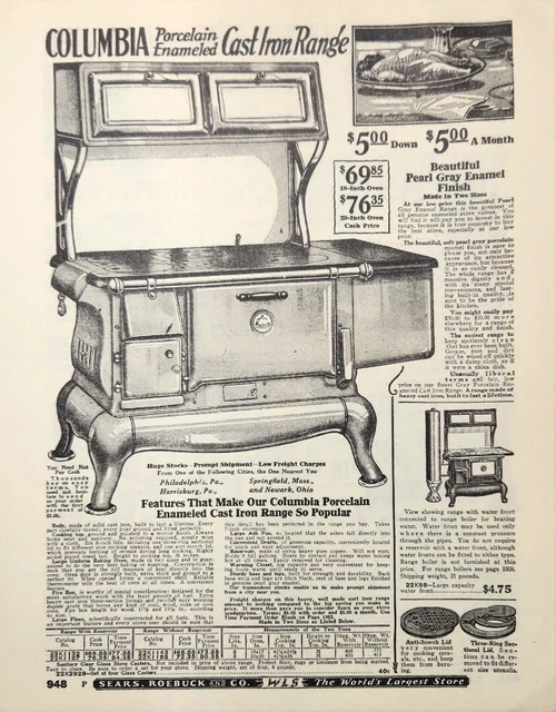 Vintage  1927 Sears Roebuck Catalogue  Columbia Cast Iron Range Ad