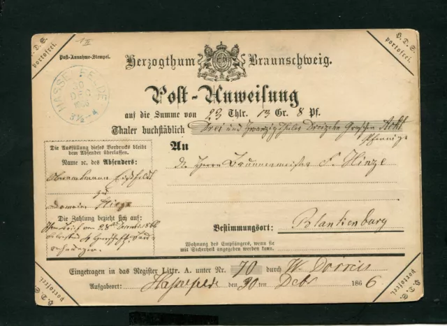 Braunschweig  Postanweisung 1866 "Hasselfelde"    (#2238)