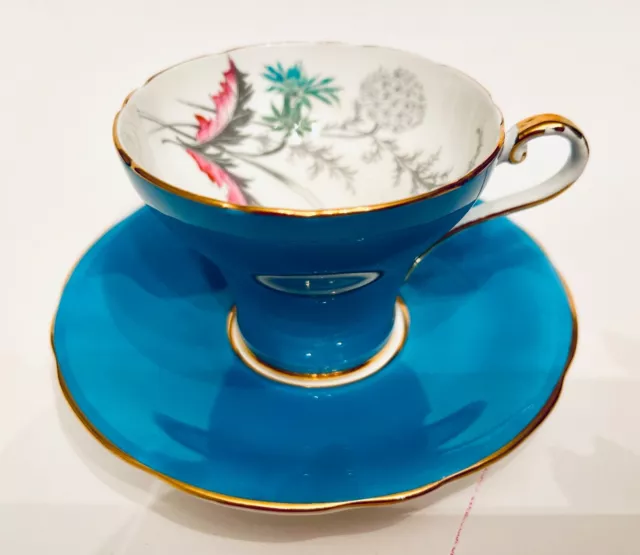 AYNSLEY Turquoise Corset Style Tea Cup and Saucer England Bone China Floral