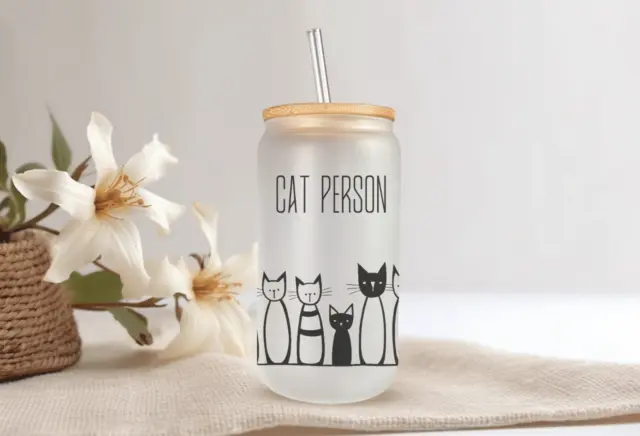 CAT PERSON Frosted Glass Can With Bamboo Lid 16 Oz Cute Cats Glass Cup by Mugzan