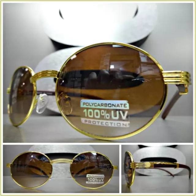 Homme Classique Vintage Style Rétro Soleil Lunettes Chic Ovale Or Bois Cadre en