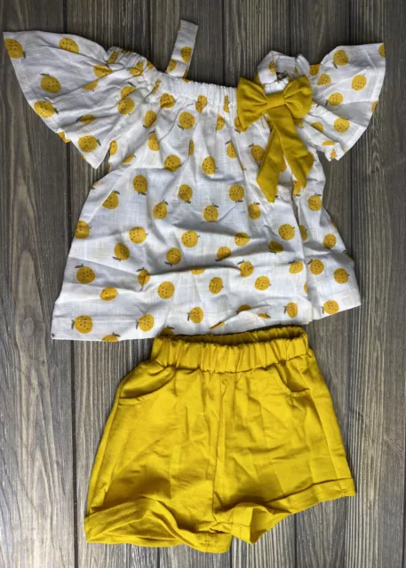 Infant Baby Girl Summer Yellow Shorts Shirt White Yellow Berries Size 6-9 Months