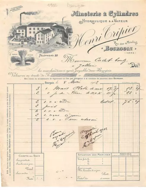 Facture.AM24359.Bourgoin.1902.Henri Tripier.Minoterie à Cylindres.Hydraulique