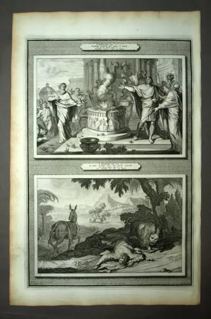AUTEL DE BETHEL et PROPHETE TUÉ PAR UN LION Gravure planche de la Bible 1700
