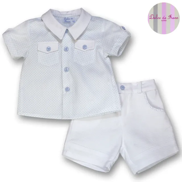 New Boys Official Spanish Summer Outfit White Blue Polka Dot Shirt-Short 3-18 M