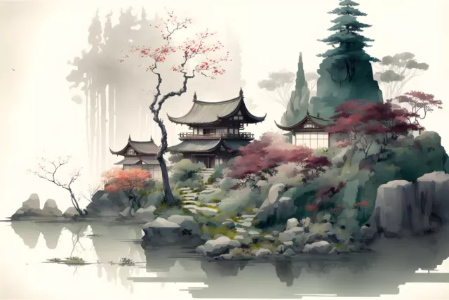 Aquarellzeichnung japanischer Landschaft mit Garten und Haus [...]