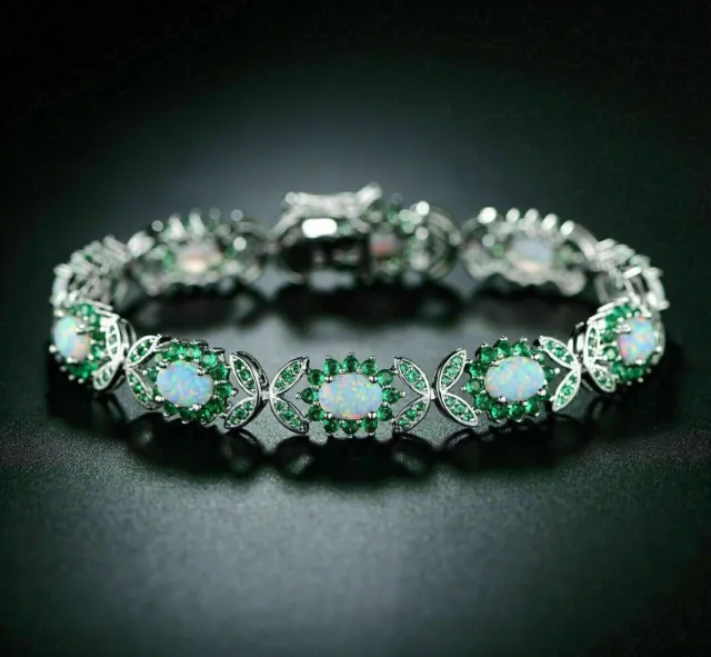 10 Ct Oval Cut Opal & Emerald Tennis Pretty Bracelet 925 Silver Gold Plated