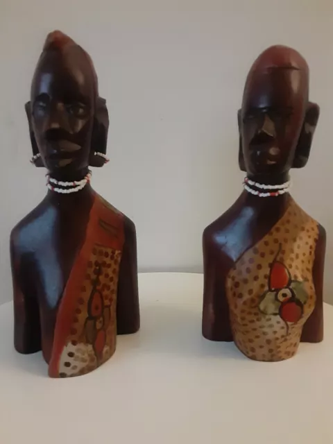 Vintage Hand Carved Wood Man &  Woman  African Art Maasai Tanzania Kenya Bust