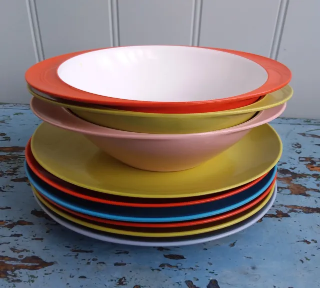 Vintage Gaydon Melmex Melamine (6)  Side Plates & (3) Cereal Bowls. Picnic Ware.