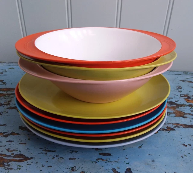 Vintage Gaydon Melmex Melamine (6)  Side Plates & (3) Cereal Bowls. Picnic Ware.
