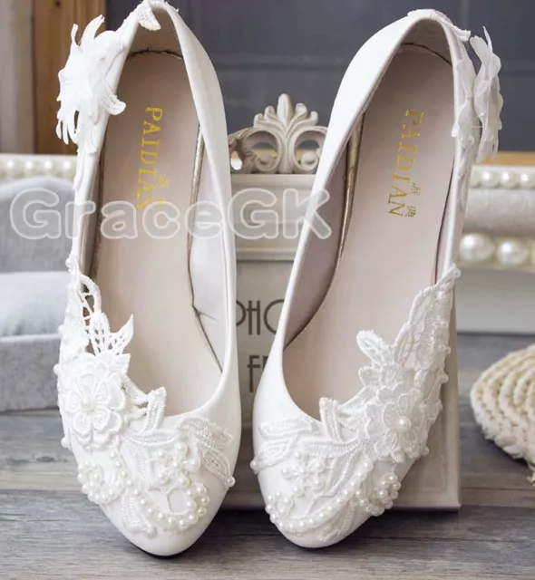 Lace Gem white ivory crystal Wedding shoes Bridal flats low high heel pump size