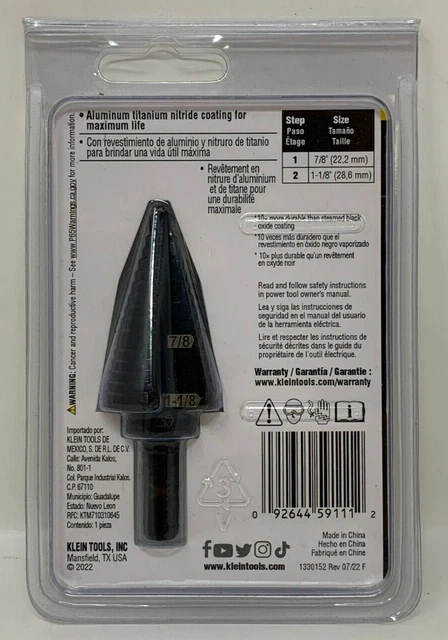 Klein Tools #11 7/8”- 1 1/8” Step Drill Bit Double-Fluted (KTSB11) NEW 2