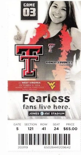 2014 Texas Tech Red Raiders Vs West Virginia Ticket Stub 10/11 College Football