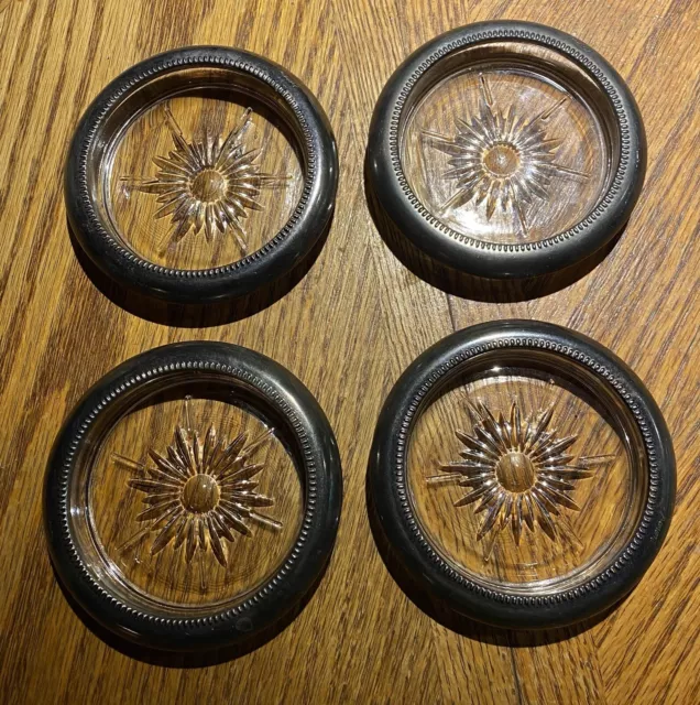 Leonard Silver Plated Crystal Glass Coasters 4” Made In Italy  Set Of 4 Vintage