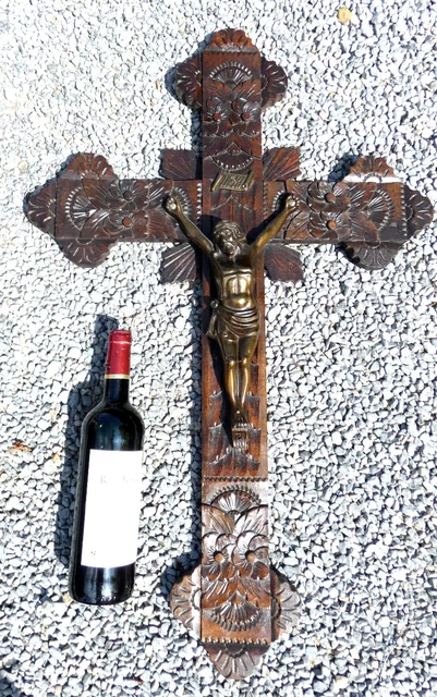 Antique XL 32" Wood carved wall crucifix metal christ corpus religious