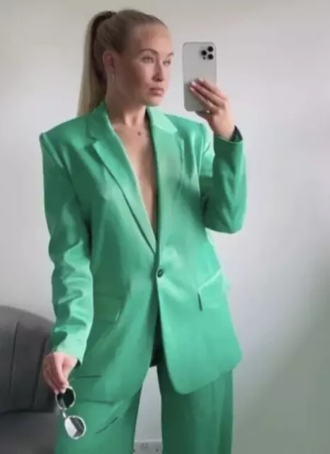 Zara Woman Nwt Straight Cut Satin Effect Blazer Emerald Green 2010/778 Xs