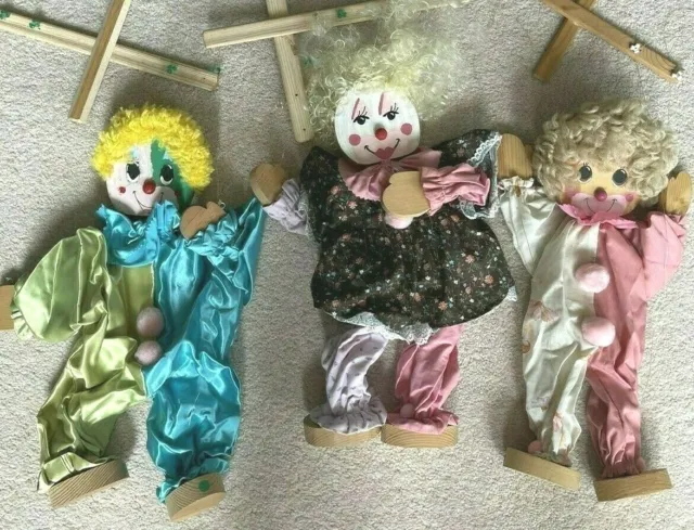Vintage 3 Hand Crafted Wooden String Puppets Marionette Toys 15"