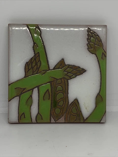 VTG Italian Italy 4” Clay TILE  TRIVET No 93 Hand Painted Asparagus