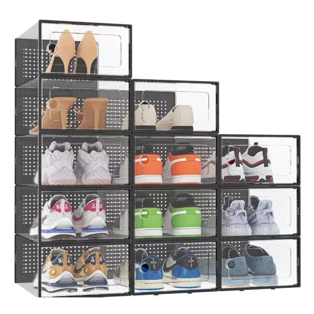 12x Stackable Foldable Boxes Trainers Organiser Clear Plastic Shoe Storage Box