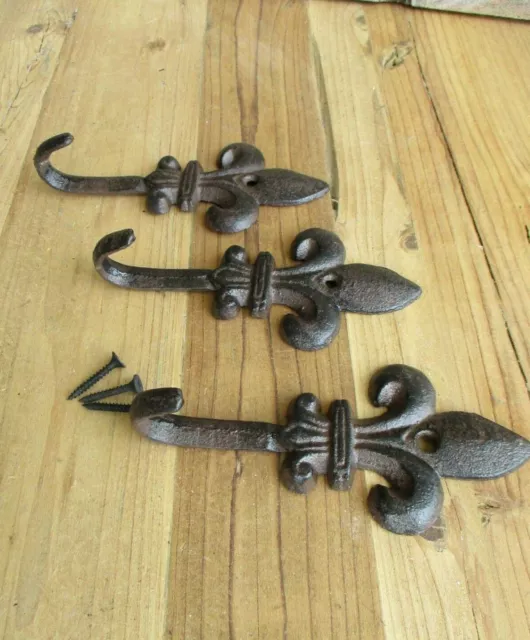 3 Cast Iron Fleur De Lis Coat Hooks Hook Hall Tree Hat Dog Leash Fluer French