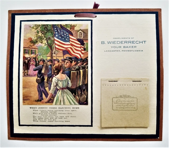 1918 antique CALENDAR lancaster pa B WIEDERRECHT baker WWI ART johnny marching