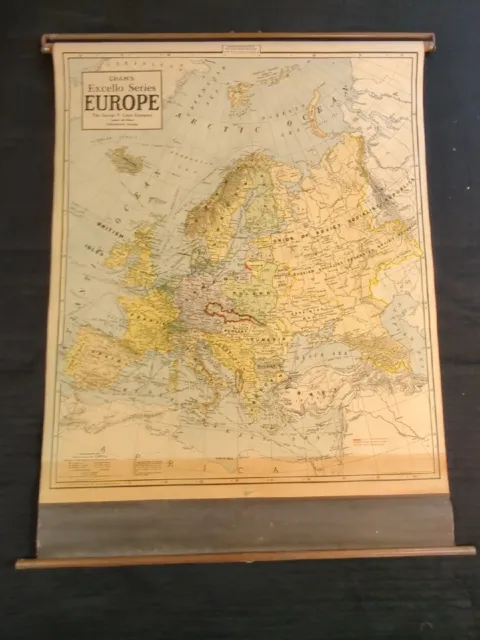 Antique School Pull Down Map Vintage 1939 Excello Crams Europe Large Wall Map