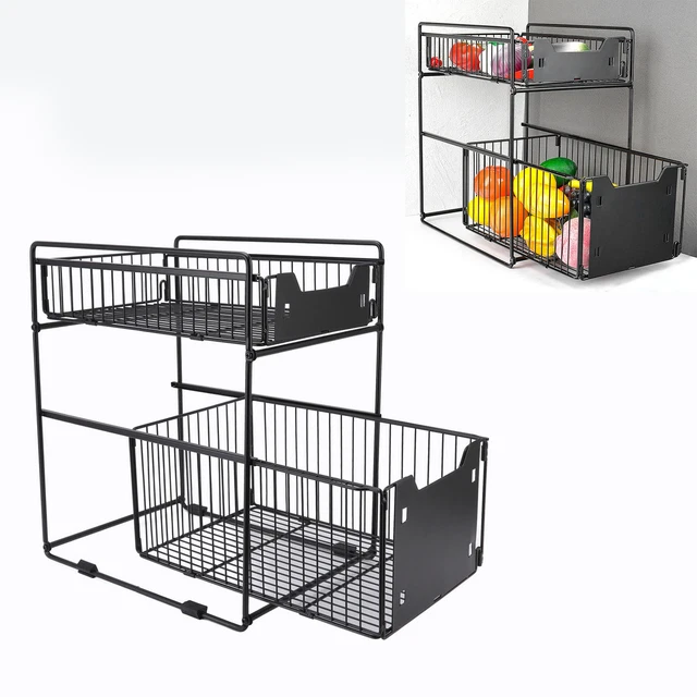 Organisateur Sous évier 2 Niveaux Extensible - Acier Au Carbone Noir, Hauteur Réglable | Rangement Cuisine, Salle De Bain, Placard