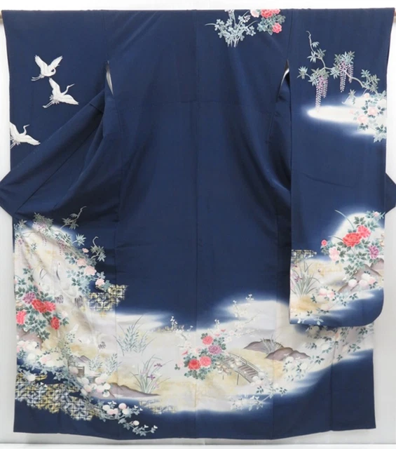 3517T06z1190 Vintage Japanese Kimono Silk FURISODE Crane Dark navy