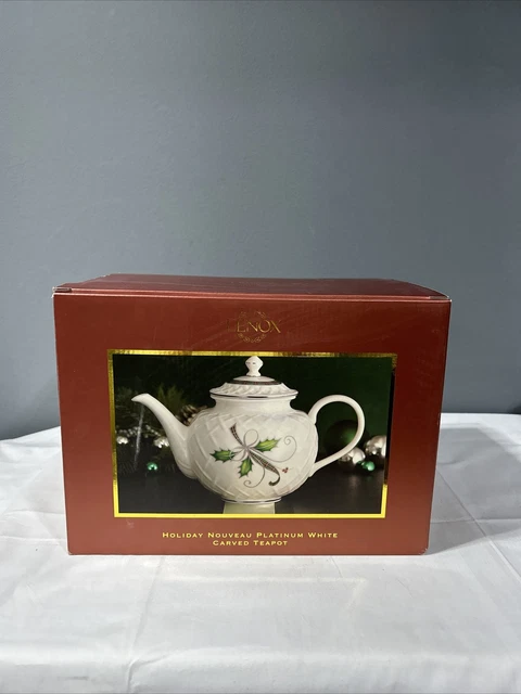 New ~ Lenox ~ Holiday Nouveau Platinum White Carve Teapot ~ 6