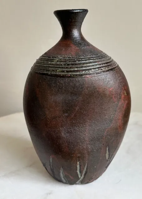 Signed Vintage Black Glaze Stoneware Studio Pottery Art Vase Raku Style