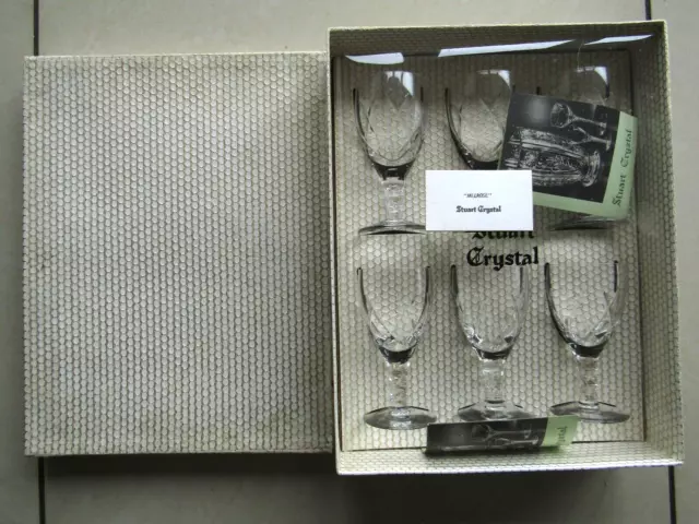 NEW VINTAGE 6 STUART MELROSE BEAUTIFUL CRYSTAL CUT GLASSES 11cm TALL BOXED RARE